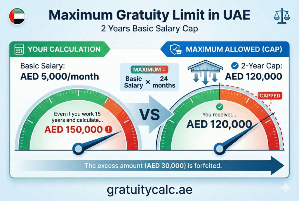 UAE maximum gratuity limit - capped at 2 years basic salary regardless of service years